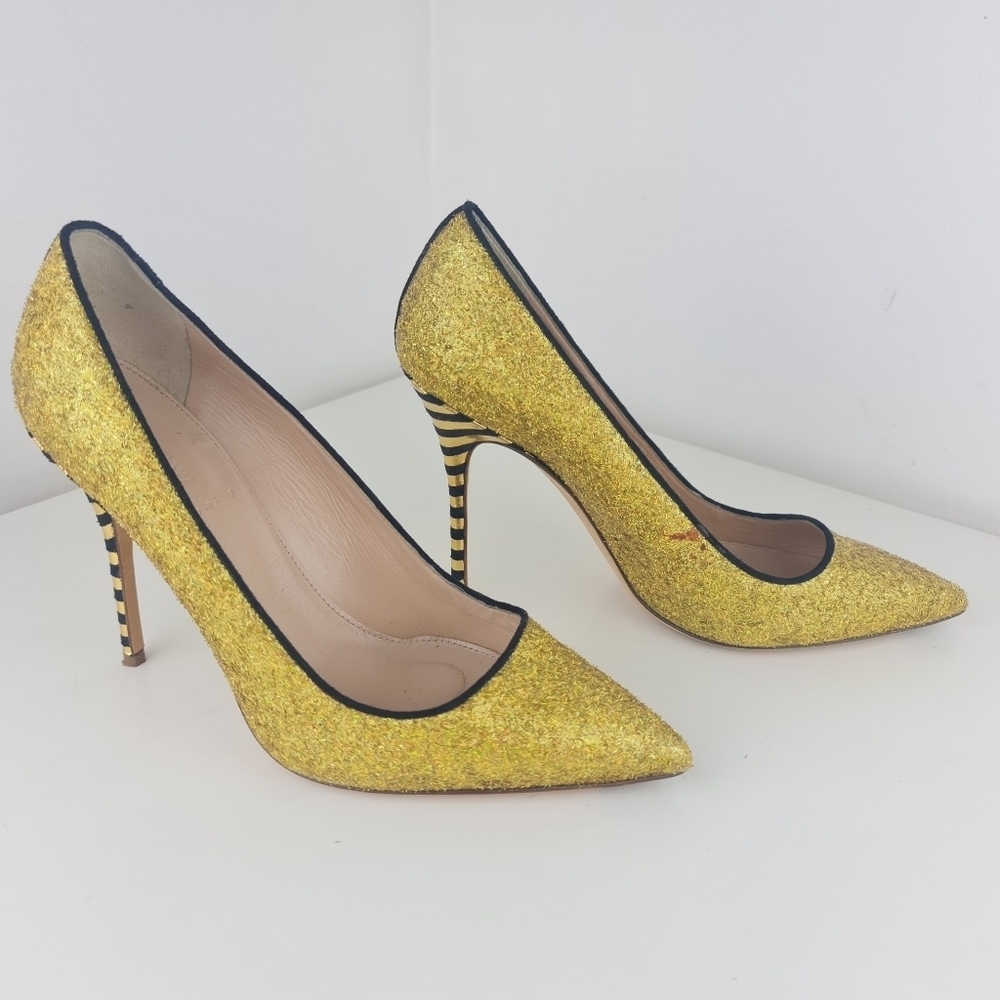 J.Crew Women Roxie Black Gold Glitter Striped Heels Party Size 9 Leather - Picture 8 of 16